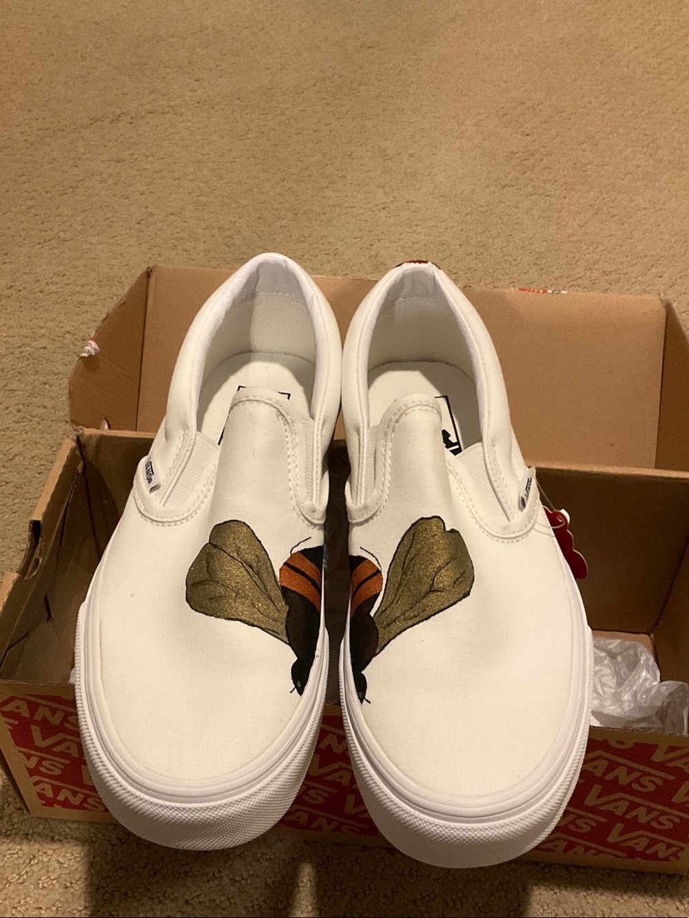 Vans custom White Slip-On Sneakers with Bee Wing Artwork, inspired